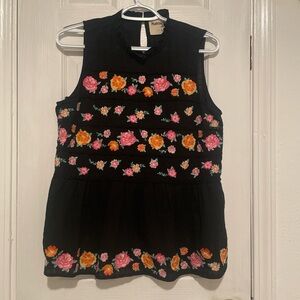 Savanna Jane Black Top with Pink and Orange Floral Embroidery